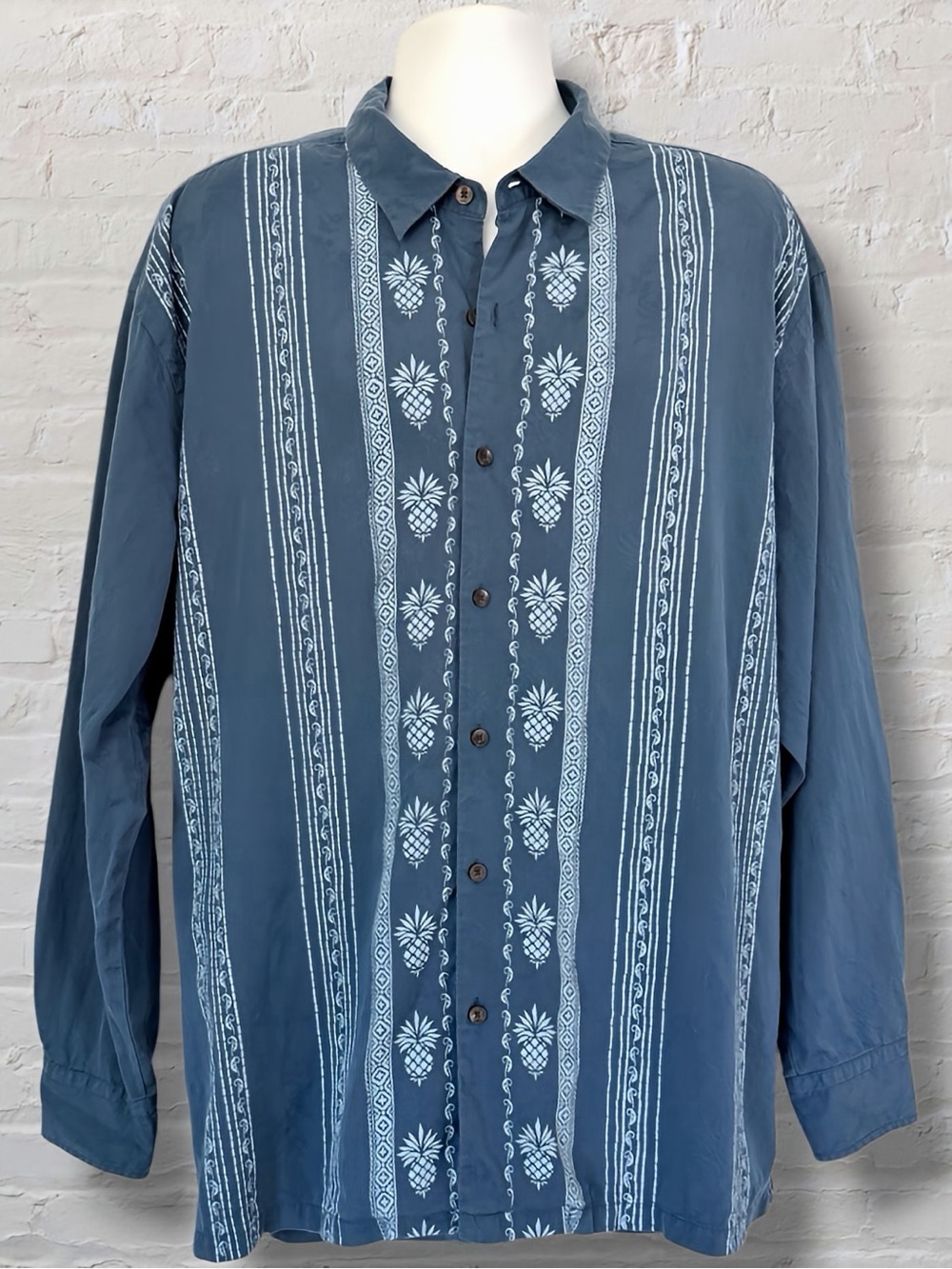 Tommy Bahama XXL Silk Cotton Pineapple Camp Shirt Blue Long Sleeve